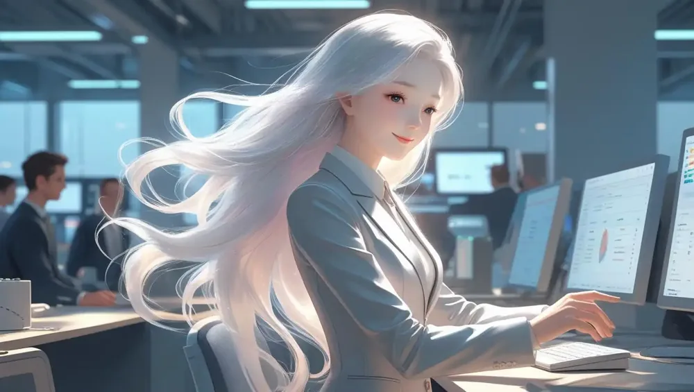 青い光の差す制作室で作業する人物のイラスト